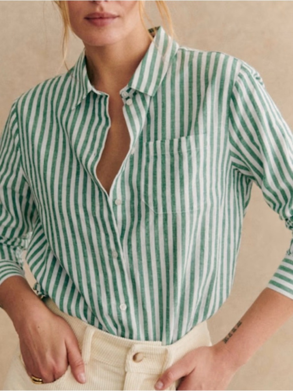 Sezane Tomboy Green Striped Linen Blend Shirt - Womens Size 36